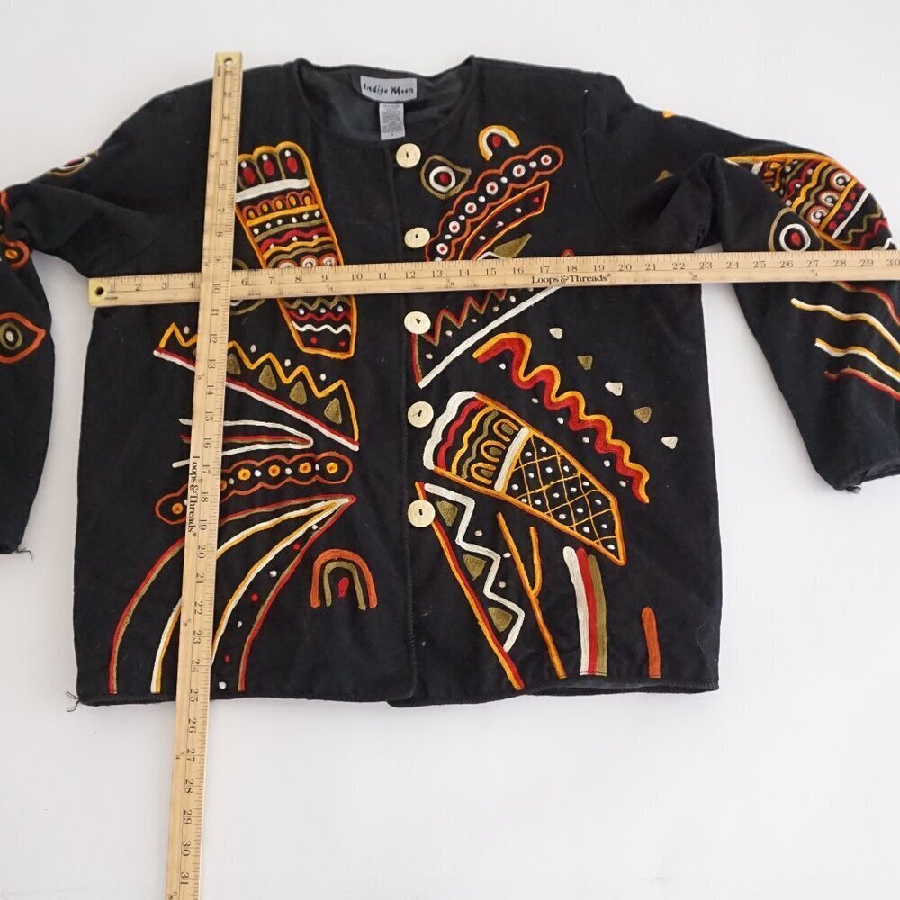 Vintage Indigo Moon Embroidered Black Jacket Boho Artsy Eclectic Grandmacore L - Picture 2 of 10